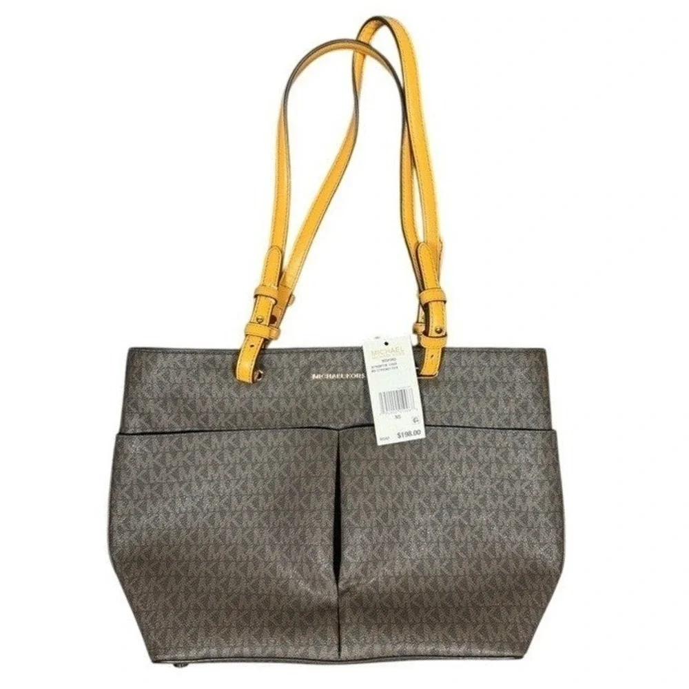 Michael Kors Tote Womens‎ NS Bedford Brown Acorn Signature Logo Pocket NEW
